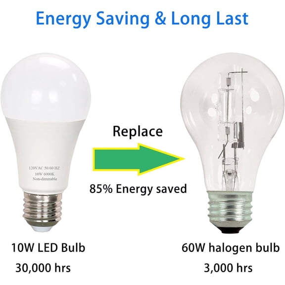 A19 LED Light Bulb 60 Watt Equivalent, Daylight White 6000K, 800 Lumens 10W LED Bulbs Bright White, Non-dimmable, 6-Pack