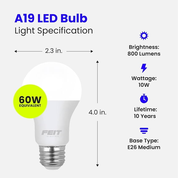 A19 LED Light Bulb, 60W Equivalent, E26 Medium Base, 800 Lumen, 3500K Neutral White Light, Indoor/Outdoor General-Purpose Light Bulbs, 11,000-Hour Lifetime, A800/835/10KLED/10, 10 Pack