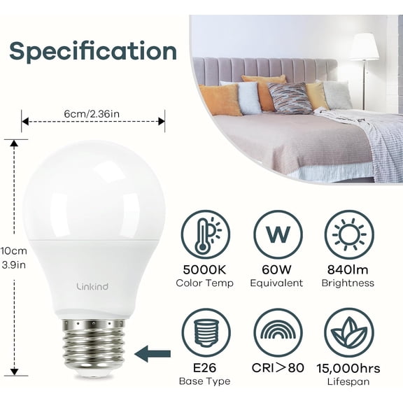 A19 LED Light Bulb, 60W Equivalent Light Bulbs, 8.5W 5000K Daylight, 840 Lumens Non-Dimmable LED Bulb, E26 Standard Base, Energy Efficient, 6-Pack