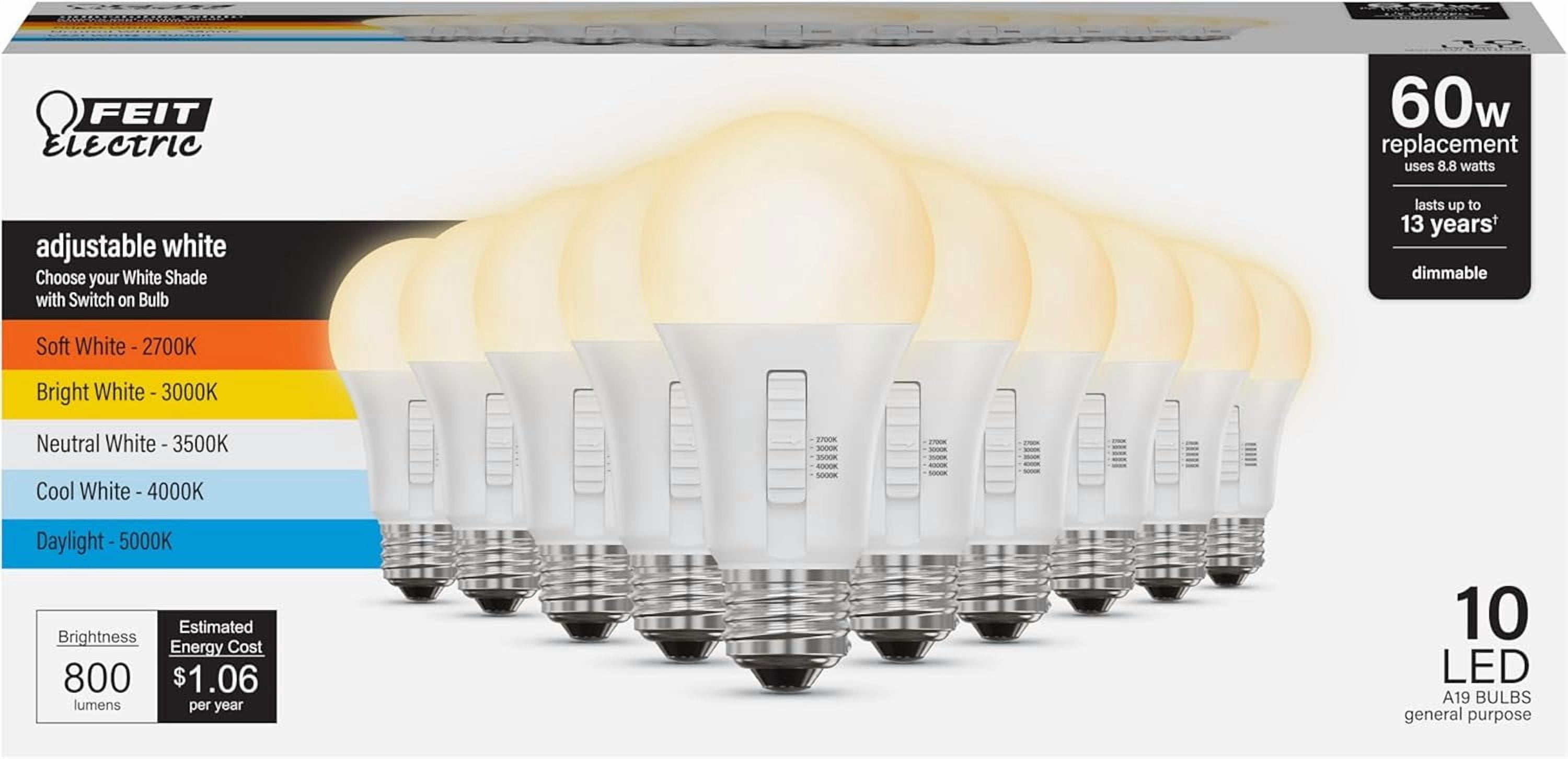 A19 LED , 60W Replacement, Dimmable, Selectable Color Temperatures (2700K-5000K), 800 Lumens, neral Purpose s, 15,000-Hour Lifetime, OM60DM/5CCTCA/LED/ 10 Pack