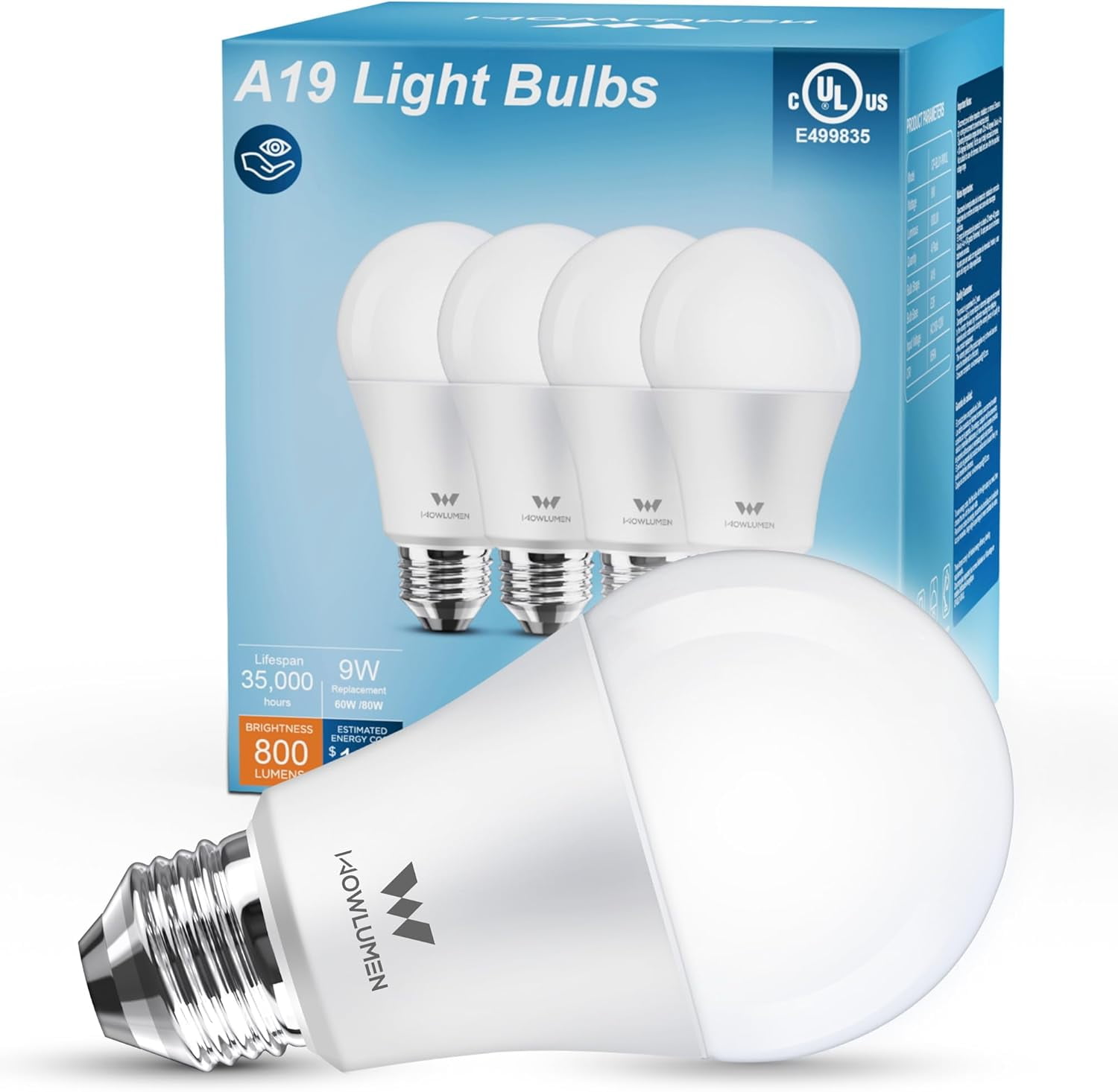 A19 LED , 9W E26 Lighting Bulbs(60 Watt Equivalent),5000K Cool White, 800LM Standard Base for Kitchen, Living Room, Corridor, Office, UL Listed, 4 Packs