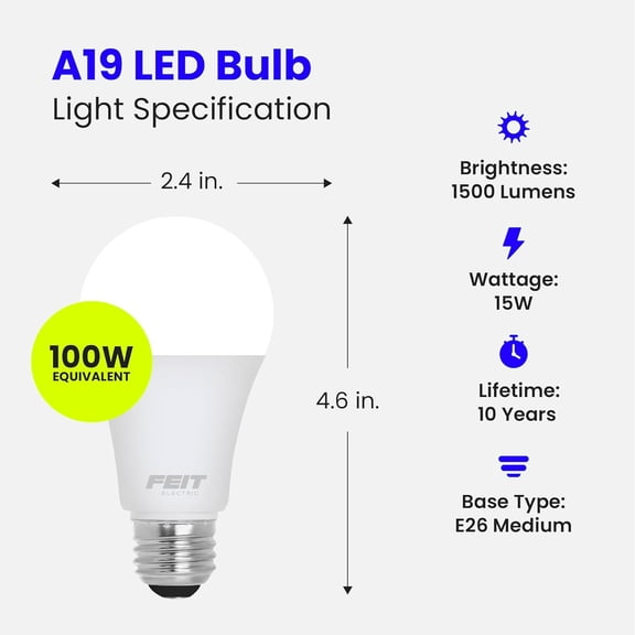 A19 LED Light Bulbs, 100W Equivalent, 1500 Lumens, Neutral White 3000K, 15W, 11,000-Hour Lifespan, General Purpose Indoor/Commercial Use, A1600/835/10KLED/4, 4 Pack
