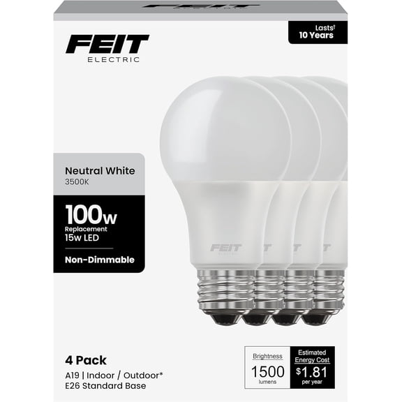 A19 LED Light Bulbs, 100W Equivalent, Non Dimmable, 1500 Lumens, E26 Standard Base, 80 CRI, 10 Year Lifetime, Energy Efficient