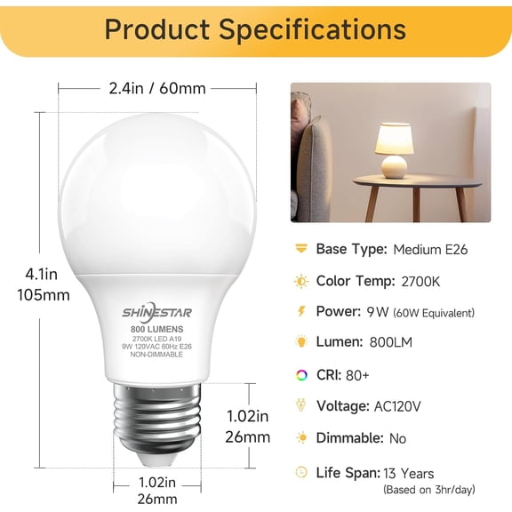 A19 LED Light Bulbs 60 Watt Equivalent, 2700K Soft White 800LM, Standard E26 Medium Base for Home Lighting, Non-Dimmable LED Bulbs for Lamps, Ceiling Fans, 6-Pack