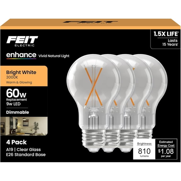A19 LED Light Bulbs, 60W Equivalent, 810 Lumens, 3000K Bright White, High CRI 90+, Dimmable, Filament Style, Energy Saving, 17,000-Hour Lifetime, A1960CL930CA/FIL/4, 4-Pack