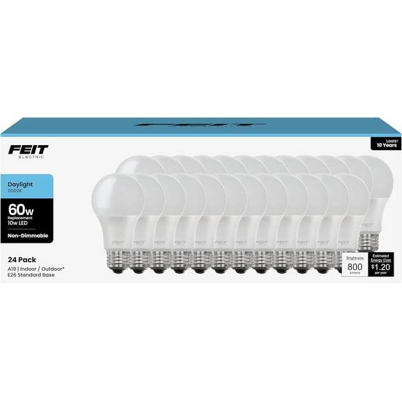 A19 LED Light Bulbs, 60W Equivalent, Non Dimmable, 800 Lumens, E26 Standard Base, 5000k Daylight, 80 CRI, 10 Year Lifetime, Energy Efficient, 24 Pack, A800850/10KLED/MP/24