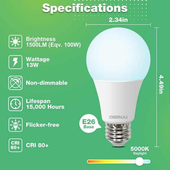 A19 LED Light Bulbs Daylight 5000K, 100 Watt Equivalent LED Bulbs, 1500 LM, 15000 Hours, E26 Base, Non-Dimmable, 13W Bright White LED Bulbs for Bedroom Living Room Home Office, 12 Pack