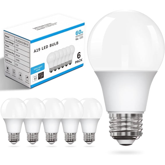 A19 LED Light Bulbs Daylight 5000K, 60 Watt Equivalent, 800 Lumens, E26 Standard Base, Non-Dimmable Efficient 10W, Flicker Free LED Bulbs for Bedroom, Living Room, Kitchen, 6 Pack