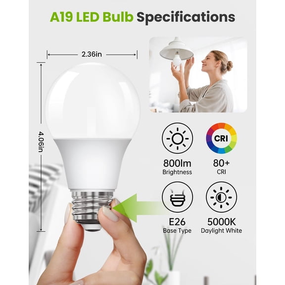 A19 LED Light Bulbs Daylight 5000K, 60 Watt Equivalent, 800 Lumens, E26 Standard Base, Non-Dimmable Efficient 10W, Flicker Free LED Bulbs for Bedroom, Living Room, Kitchen, 6 Pack