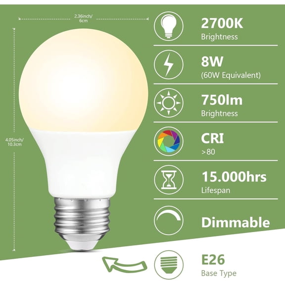 A19 LED Light Bulbs Dimmable, 60W Equivalent, 2700K Soft White, 750 Lumen, 8W LED Bulb, Long-Lasting 15,000 Hours, CRI 80+ E26 Base Bulbs for Home Lighting, 6 Pack