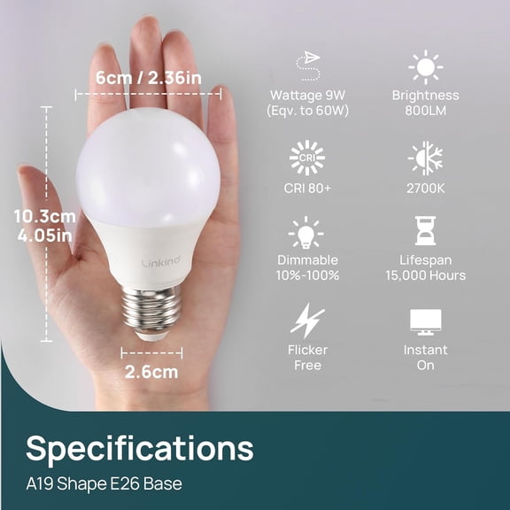 A19 LED Light Bulbs Dimmable, 60W Equivalent, Energy Efficient 9W, 2700K, 800 Lumens, E26 Standard Base, Lighting for Bedroom Living Room Home Office, 6 Packs