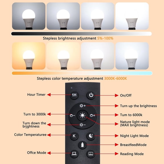 A19 LED Remote Control Bulbs, 800LM 9W, Equivalent to 60W Bulbs, Dimmable Bulb with Remote Control 3000K-6000K, E26 Base, CRI 80+,2.4GHz, Lifespan Over 25,000 Hours (9W-1 Remote-2 Bulb)