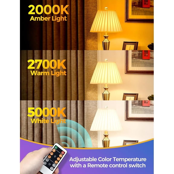 A19 LED light Bulbs with Remote Control, 3 Color Temperature Light Bulb(2000K/2700K/5000K), E26 Base Light Bulb with Dimmable and Timer Function,2 Pack Light Bulb for Home Decor Bedroom