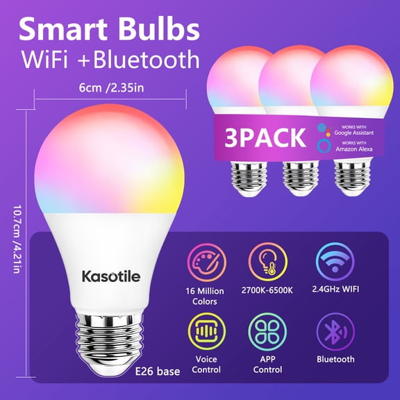 A19 Smart Light Bulb, 9W 900LM RGB+CCT LED Bulb - 16 Million Vibrant DIY Colors, Music Sync via Tuya, Works with Alexa & Google Assistant - 2.4GHz No Hub Required for Home Decor-4Pack