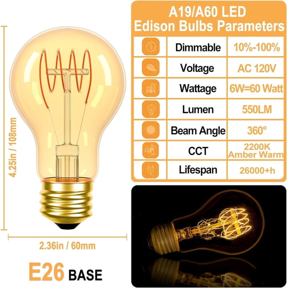 A19 Vintage Edison Bulbs 60 Watt Equivalent, 6W LED Antique Light Bulbs, Decorative 2200K Amber Warm Light Bulbs, 4 Pack Dimmable E26 LED Bulb 60 Watt for Light Fixtures, 550LM, CRI 93+