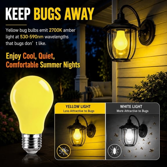 A19 Yellow Bug Light Bulbs Outdoor LED Bulbs 5W (50W Equivalent) E26 4-Pack