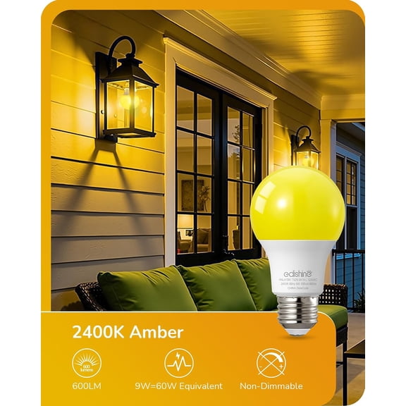 A19 Yellow Light Bulbs, 9W(60W Equivalent), 600LM 2400K Amber Glow Outdoor Bug Light Bulbs, Non-Dimmable, E26 Medium Base, UL Listed, 8 Pack