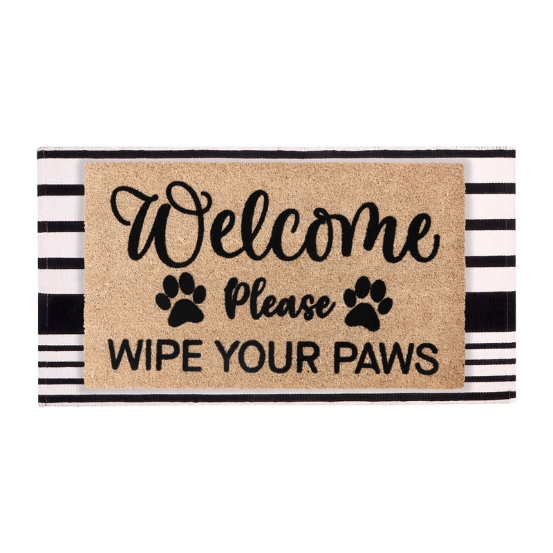 A1HC Coir Welcome Mat and Black & White Striped Cotton Rug Combo Set, 24"x36" & 24"x51", Hand-Woven Washable Entryway Décor