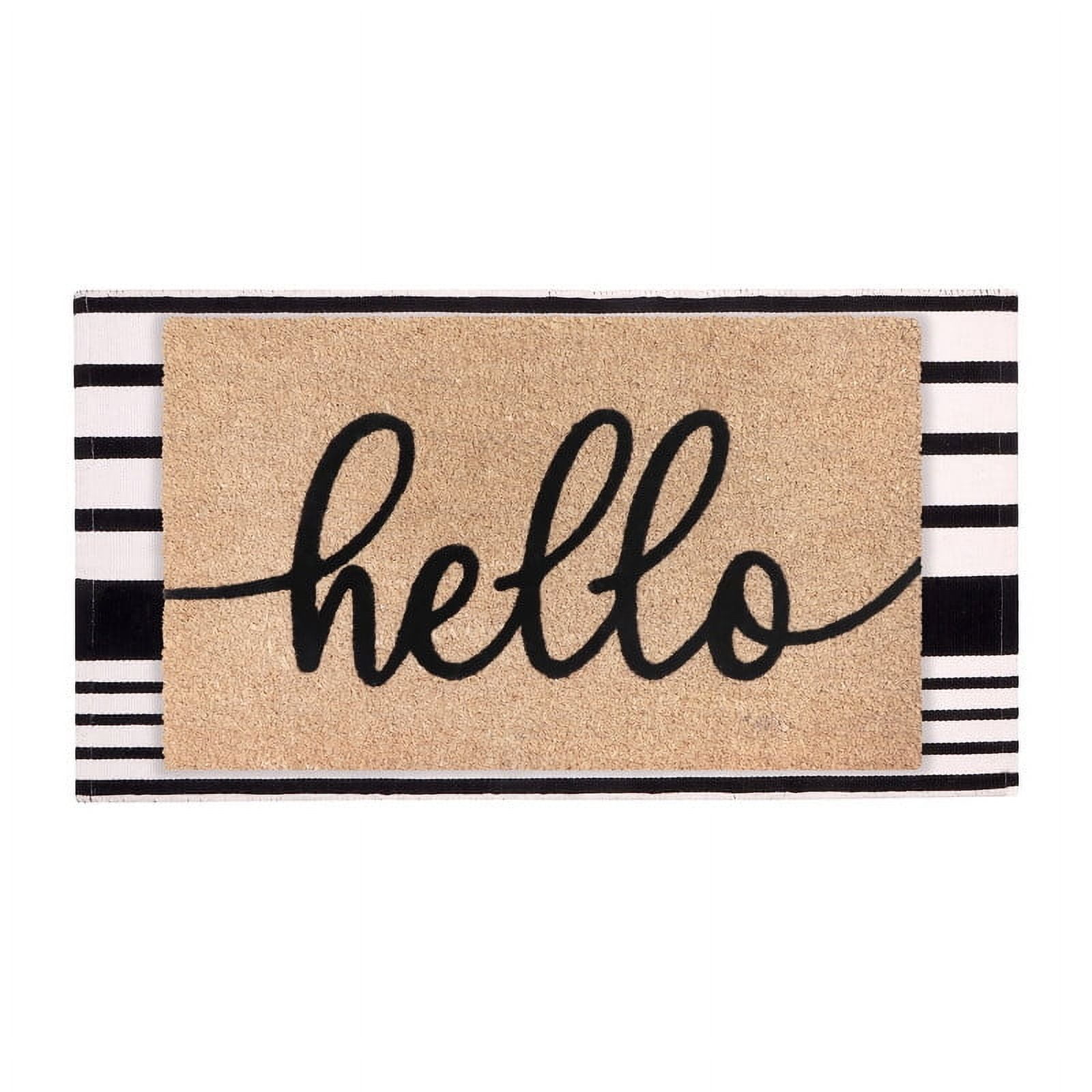 A1HC Coir Welcome Mat and Black & White Striped Cotton Rug Combo Set, 24"x36" & 24"x51", Hand-Woven Washable Entryway Décor