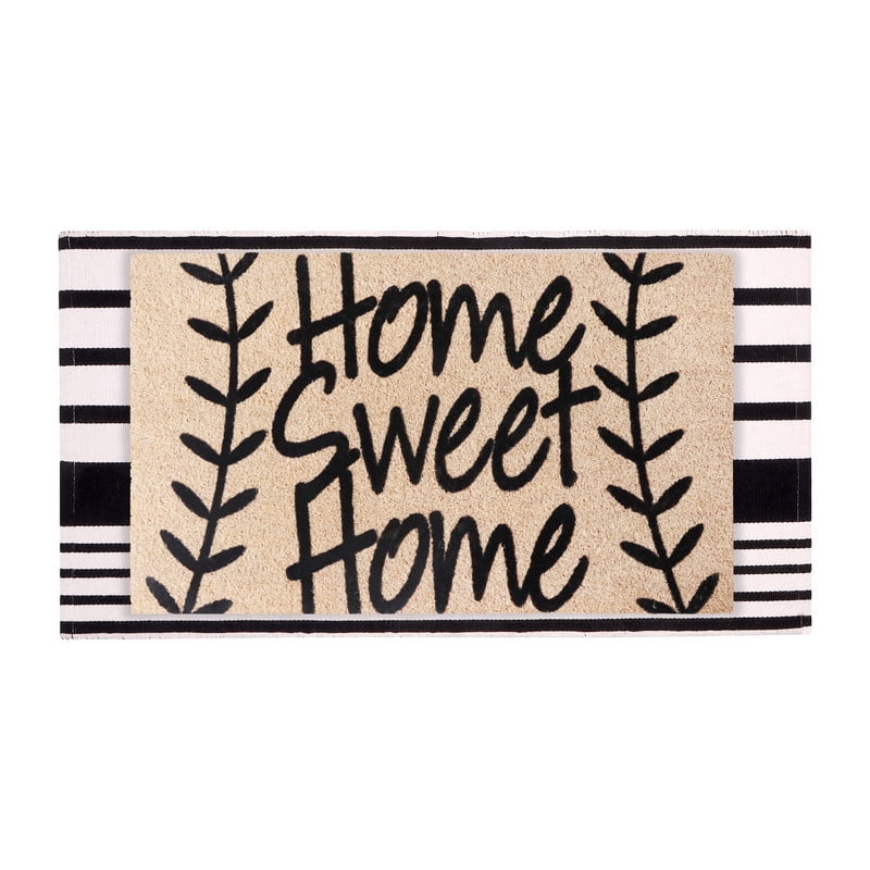 A1HC Coir Welcome Mat and Black & White Striped Cotton Rug Combo Set, 24"x36" & 24"x51", Hand-Woven Washable Entryway Décor