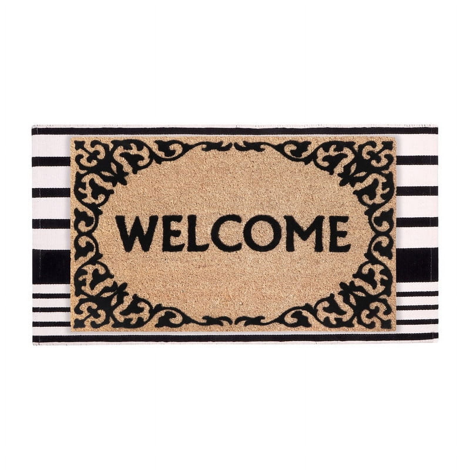 A1HC Coir Welcome Mat and Black & White Striped Cotton Rug Combo Set, 24"x36" & 24"x51", Hand-Woven Washable Entryway Décor