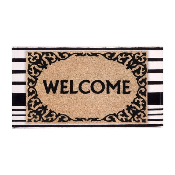 A1HC Coir Welcome Mat and Black & White Striped Cotton Rug Combo Set, 24"x36" & 24"x51", Hand-Woven Washable Entryway Décor