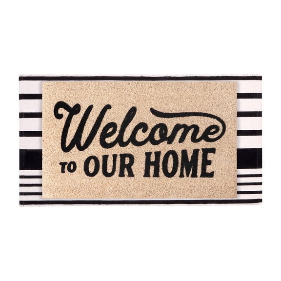 A1HC Coir Welcome Mat and Black & White Striped Cotton Rug Combo Set, 24"x36" & 24"x51", Hand-Woven Washable Entryway Décor