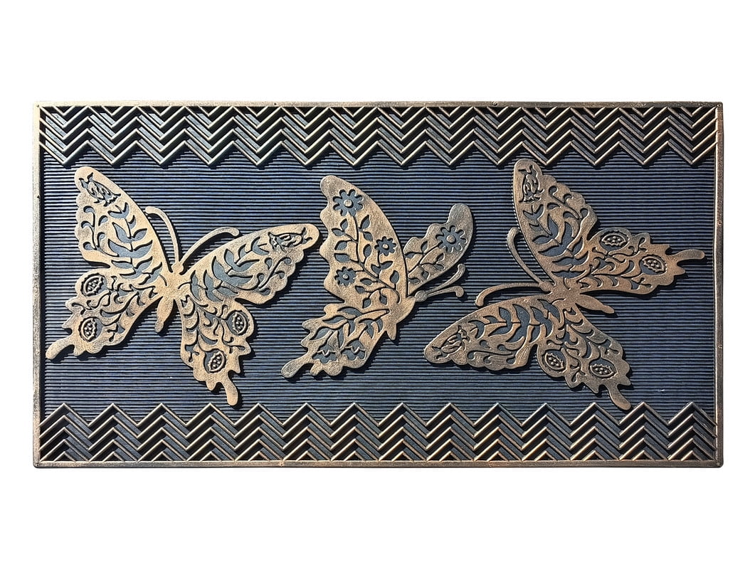 Bronze and Black Butterfly Pattern Rubber Outdoor Doormat, 18" x 30"