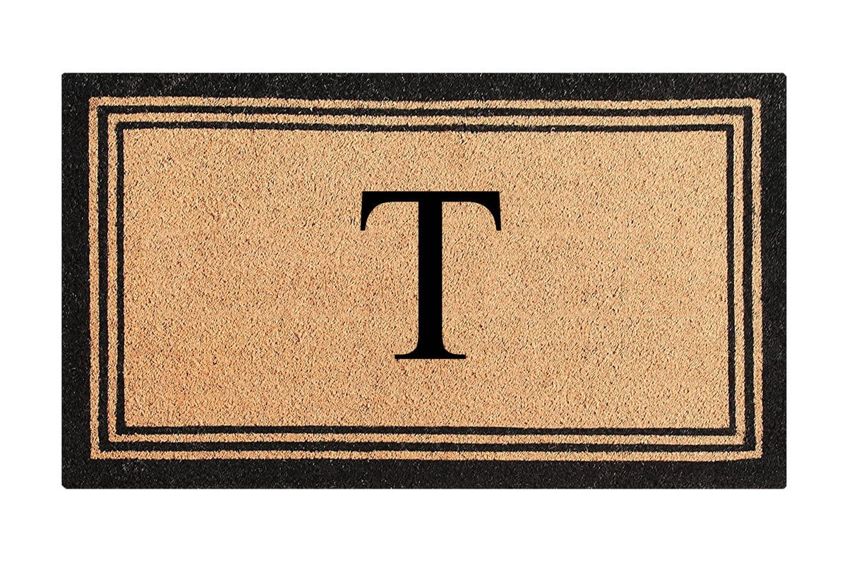 A1HC Black/Beige 24 in x 39 in Front Door Mat Coir PVC Classic Border Entryway Mat Heavy Duty Boot Scrapper Monogrammed Doormat