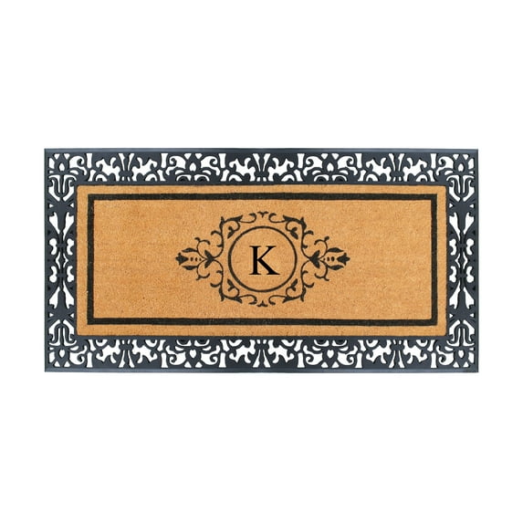 A1HC Natural Coir and Rubber Paisley Hand-Flocked Monogrammed Doormat, 30"x60", Durable Low Profile Heavy Duty Outdoor Front Door Mat, Black