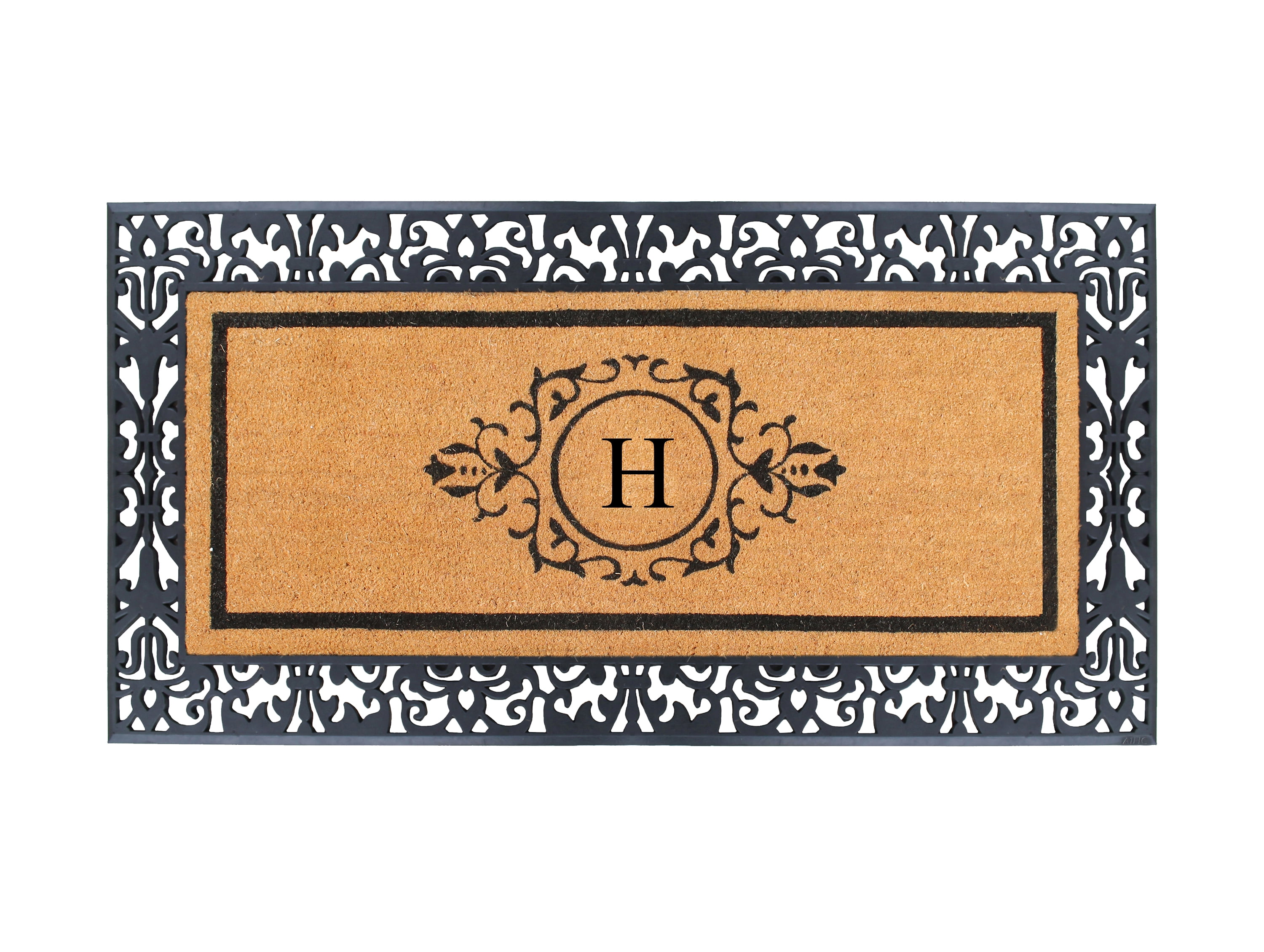 A1HC Natural Coir and Rubber Paisley Hand-Flocked Monogrammed Doormat, 30"x60", Durable Low Profile Heavy Duty Outdoor Front Door Mat, Black
