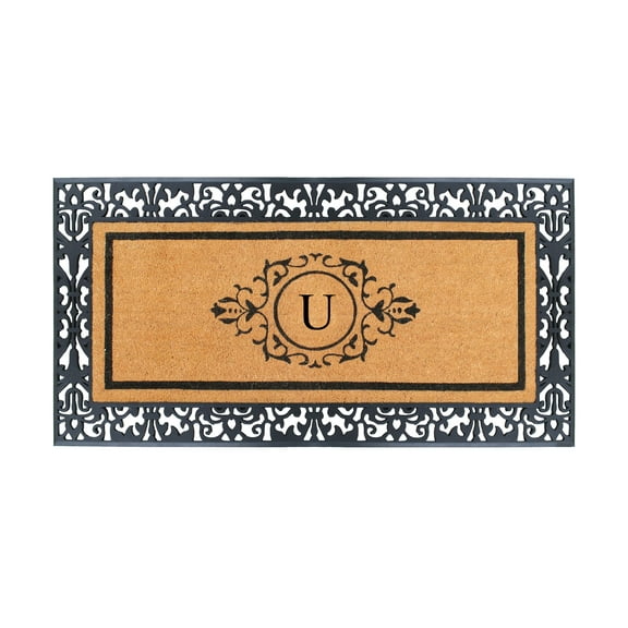 A1HC Natural Coir and Rubber Paisley Hand-Flocked Monogrammed Doormat, 30"x60", Durable Low Profile Heavy Duty Outdoor Front Door Mat, Black
