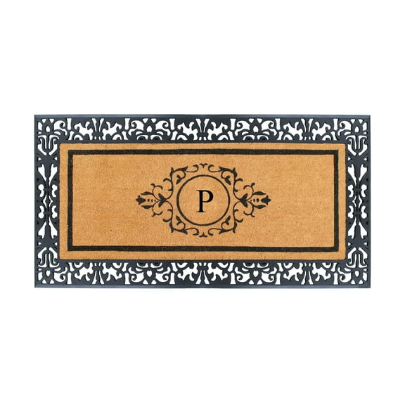 A1HC Natural Coir and Rubber Paisley Hand-Flocked Monogrammed Doormat, 30"x60", Durable Low Profile Heavy Duty Outdoor Front Door Mat, Black