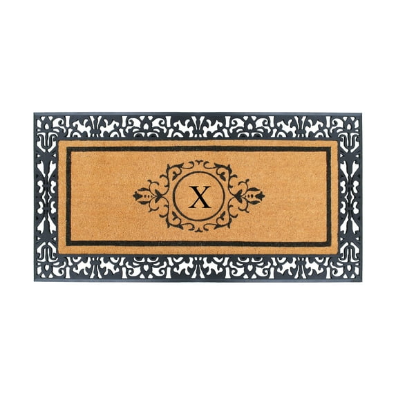 A1HC Natural Coir and Rubber Paisley Hand-Flocked Monogrammed Doormat, 30"x60", Durable Low Profile Heavy Duty Outdoor Front Door Mat, Black