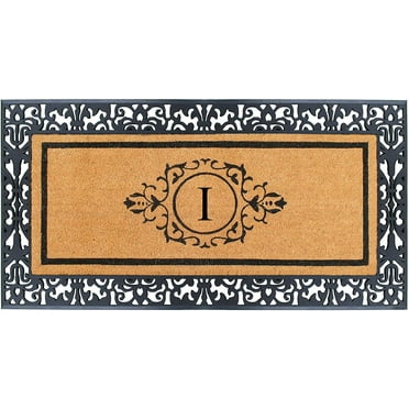 A1HC Black Paisley Rubber and Coir, Floral Border Doormat, 30"X60", Monogrammed Double Doormat