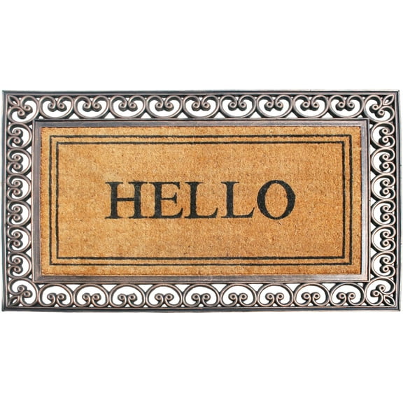 A1HC Brown & Beige Hello Rubber And Coir Classic Paisley Border Extra Large Double Doormat, 30"X48"