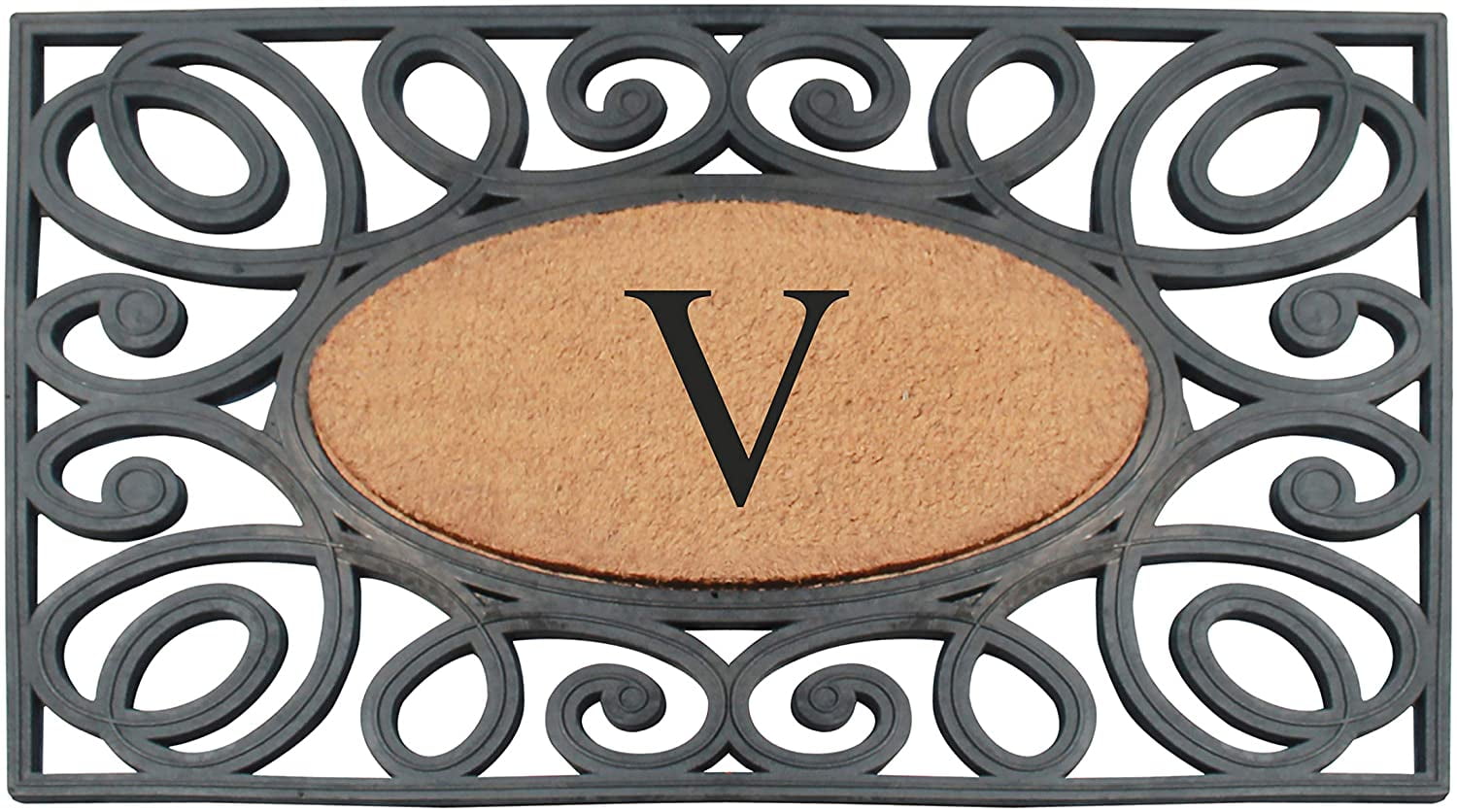 A1HC Elegant Circles Rubber and Coir Mat for Outdoor Entrance Heavy Duty Monogrammed Doormat Black/Beige 23x38