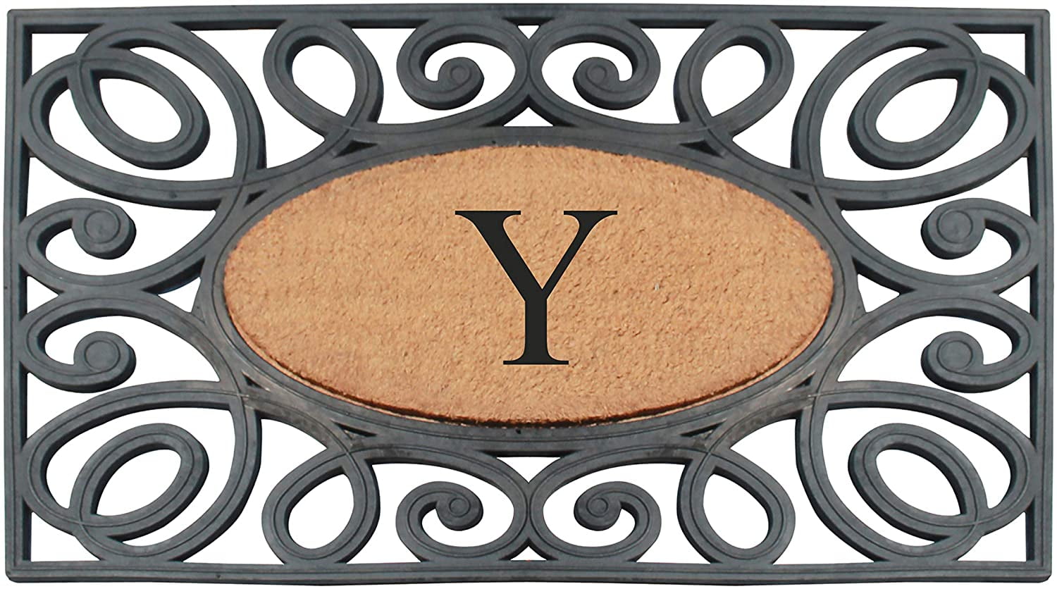 A1HC Elegant Circles Rubber and Coir Mat for Outdoor Entrance Heavy Duty Monogrammed Doormat Black/Beige 23x38