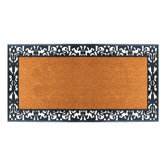 A1HC Natural Coir And Rubber Large Doormat, Outdoor Entrance, Paisley Border, 30x60 Inches, Black