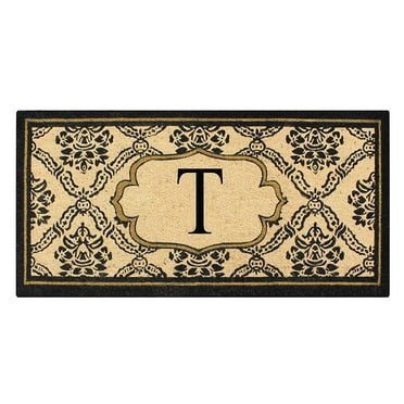 A1HC First Impression Black/Beige 30 in. x 60 in. Uriel Treated Coir Monogrammed T Entry Double Door Mat