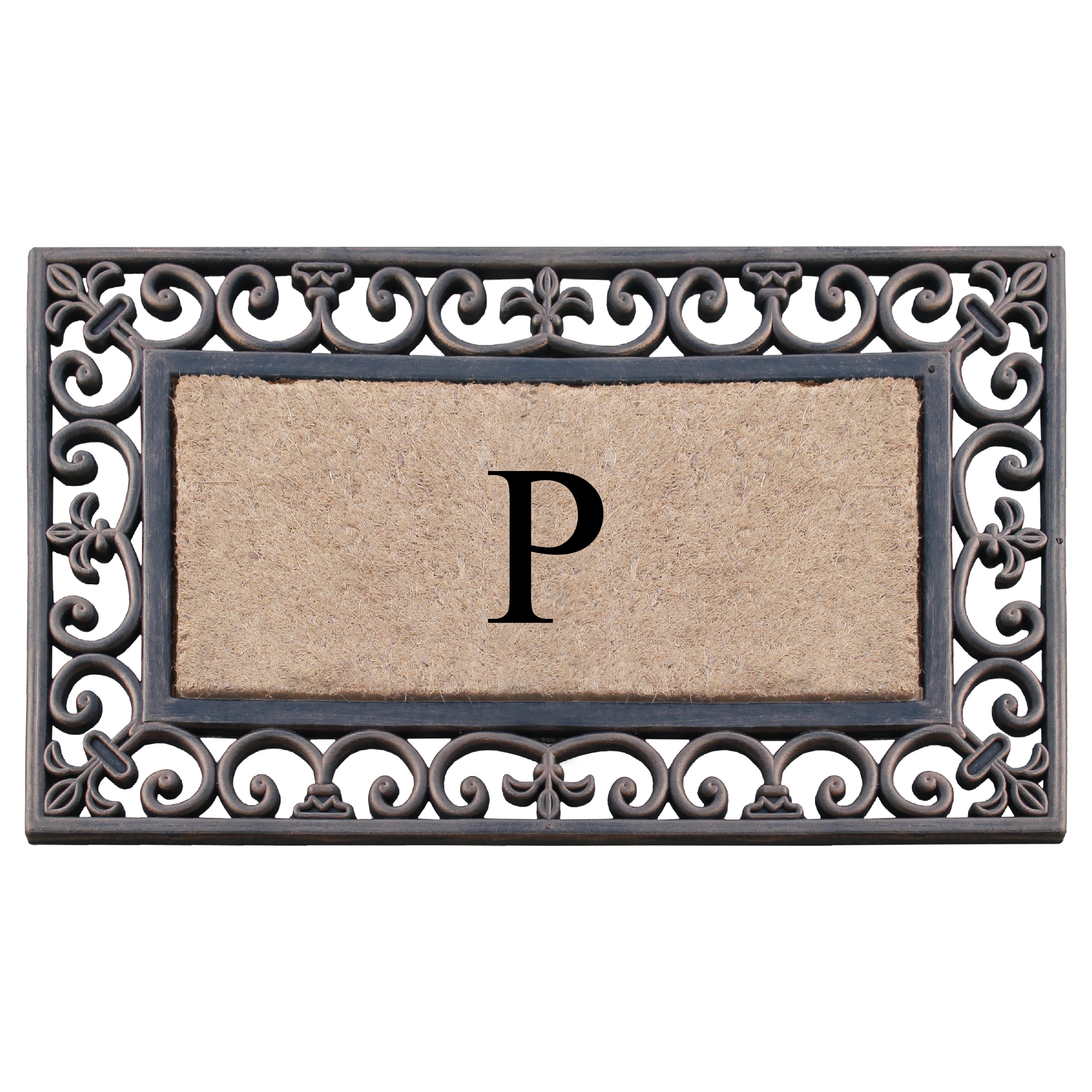 A1HC First Impression Classic Paisley Border Bronze 18 in. x 30 in. Rubber and Coir Monogrammed P Door Mat