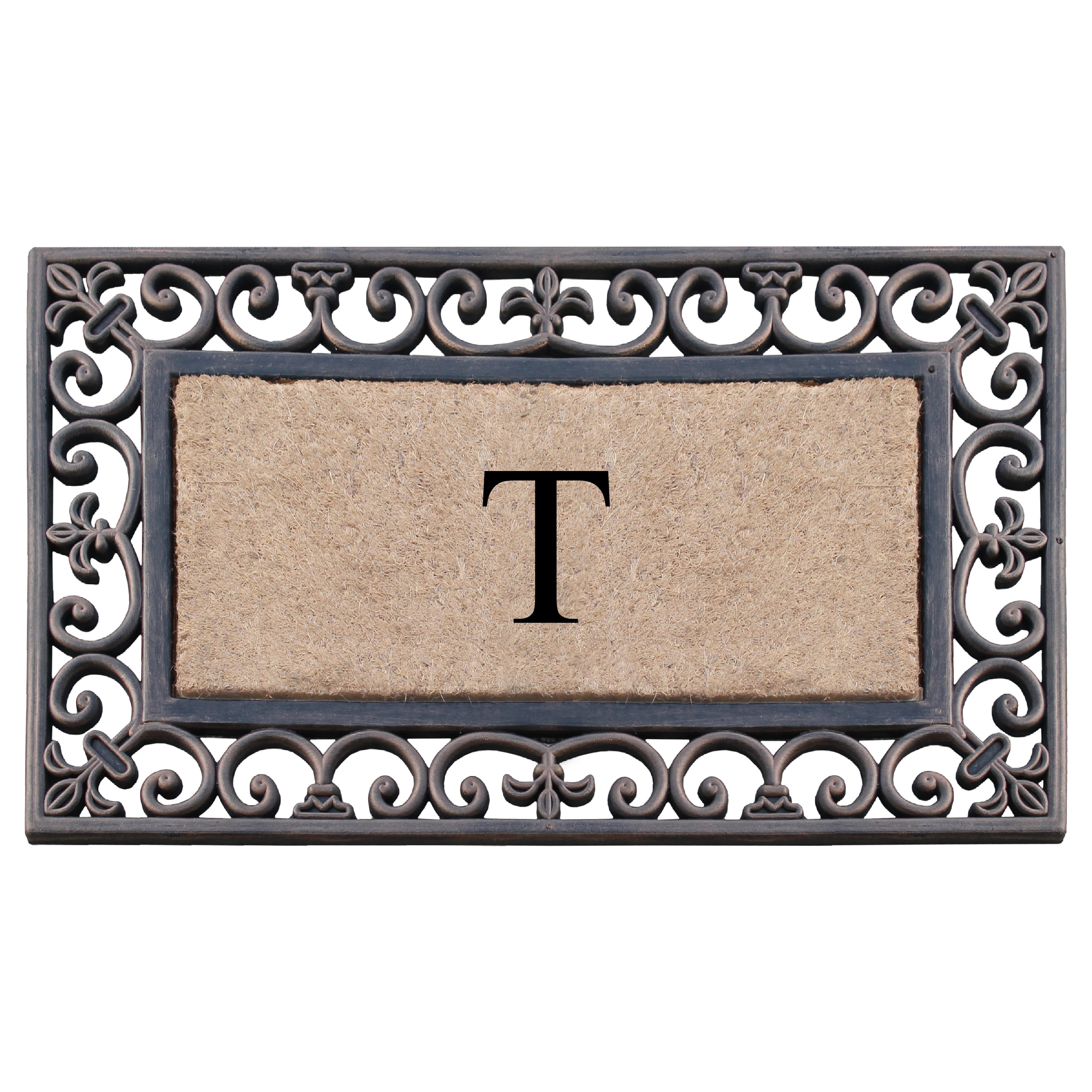 A1HC First Impression Classic Paisley Border Bronze 18 in. x 30 in. Rubber and Coir Monogrammed T Door Mat