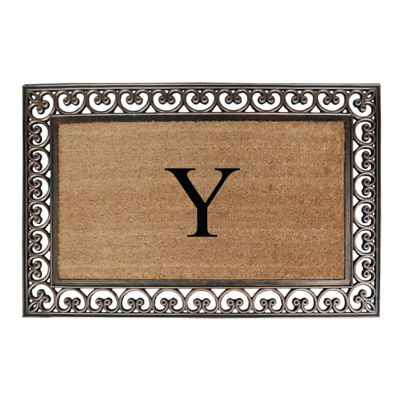 A1HC First Impression Natural Brown Rubber And Coir Classic Paisley Border Extra-large Double door Monogrammed Doormat - 30" x 48"