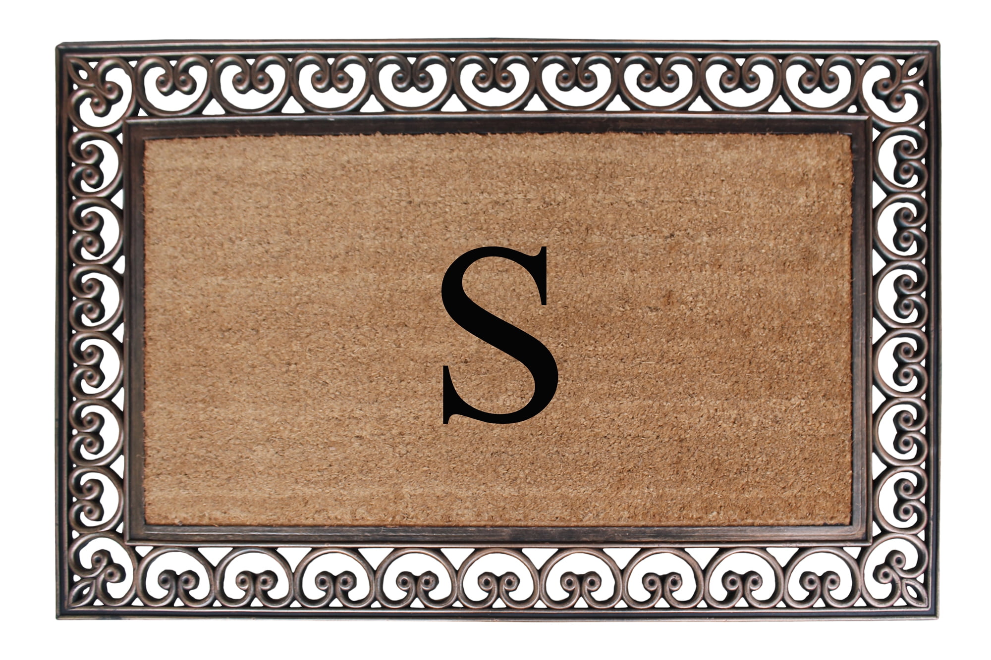 A1HC First Impression Natural Brown Rubber And Coir Classic Paisley Border Extra-large Double door Monogrammed Doormat - 30" x 48"