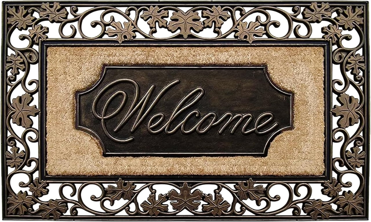 A1HC First Impression Rubber and Coir Large Floral Welcome Door Mat, 18" X 30", Dirt Trapper Thick Durable Heavy Duty Doormat