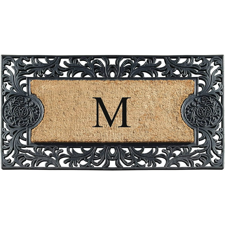 A1 Home Collections A1hc Markham Picture Frame Black/Beige 30 in. x 60 in. Coir and Rubber Flocked Large Outdoor Monogrammed Q Door Mat