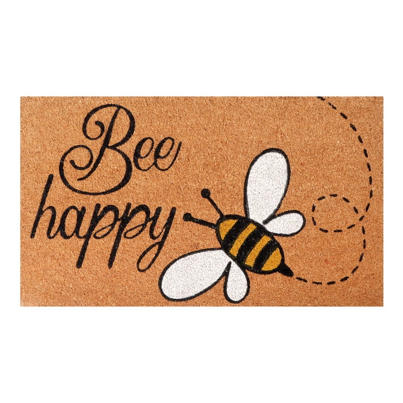 A1HC Natural Coco Coir Doormat, Bee Happy, 18"x30", Durable Outdoor Welcome Mat, Non-Slip, Easy to Clean, Pet Friendly