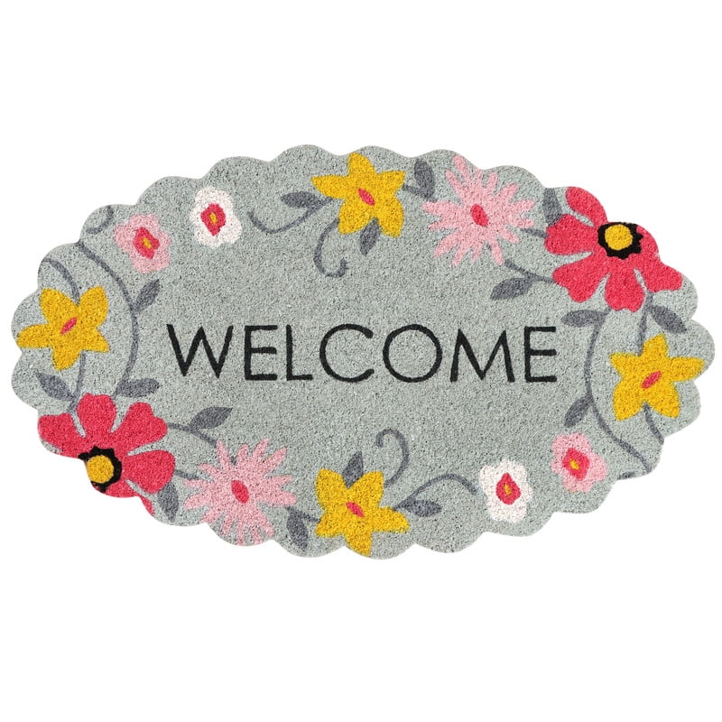 A1HC Natural Coco Coir Doormat, Spring Floral Scalloped, 18