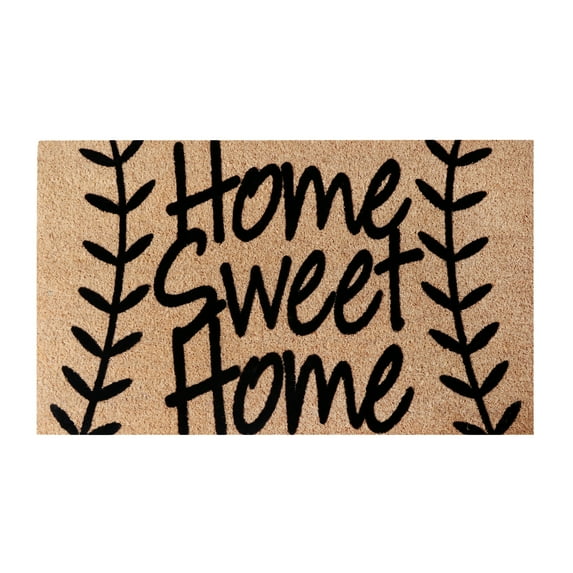 A1HC Natural Coir Flocked Doormat, Leafy Home Sweet Home Black , 24"x36", Durable Outdoor Welcome Mat, Non-Slip, Pet Friendly