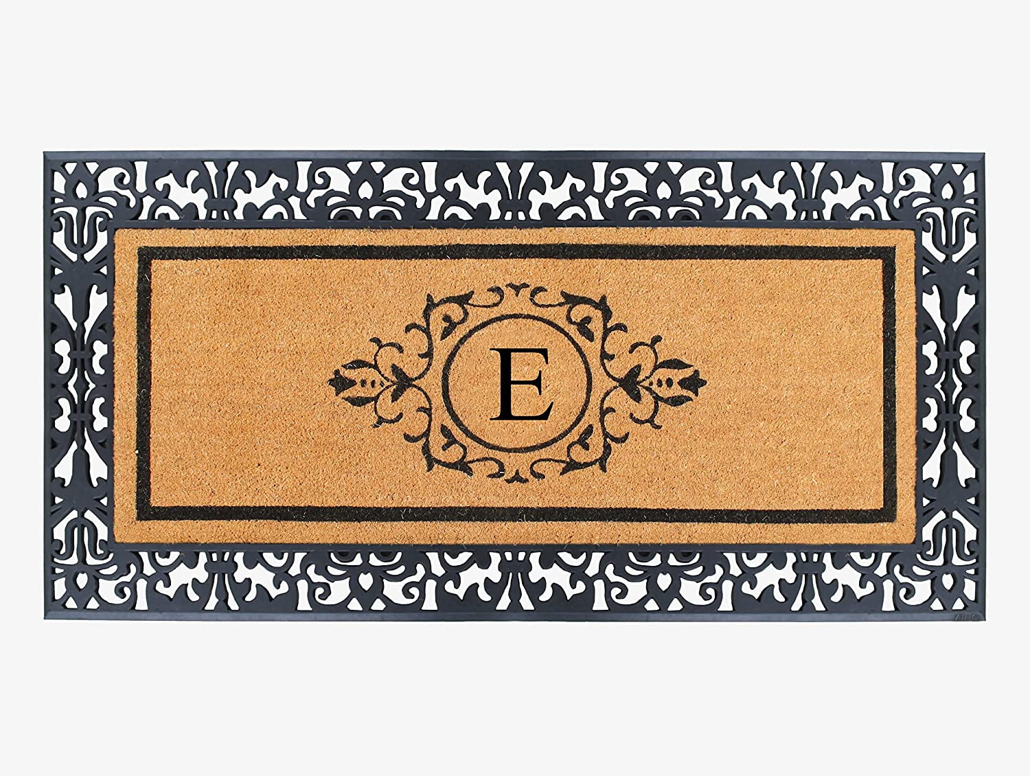 A1HC Natural Coir and Rubber Black Paisley Hand-Flocked Monogrammed Doormat, 30"x60", Durable Low Profile Heavy Duty Outdoor Front Door Mat
